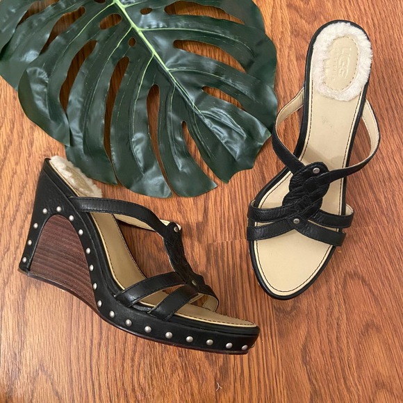 UGG Shoes - NEW Ugg Lourdes Stacked Wedges Black Leather Sz 7